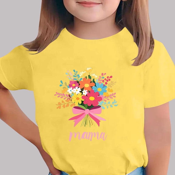 ITSAME Mothers Day T-Shirts for Girls, Short Sleeve Crewneck Loose Fit Kids Festival Casual Pullover Yellow Size 9-10T