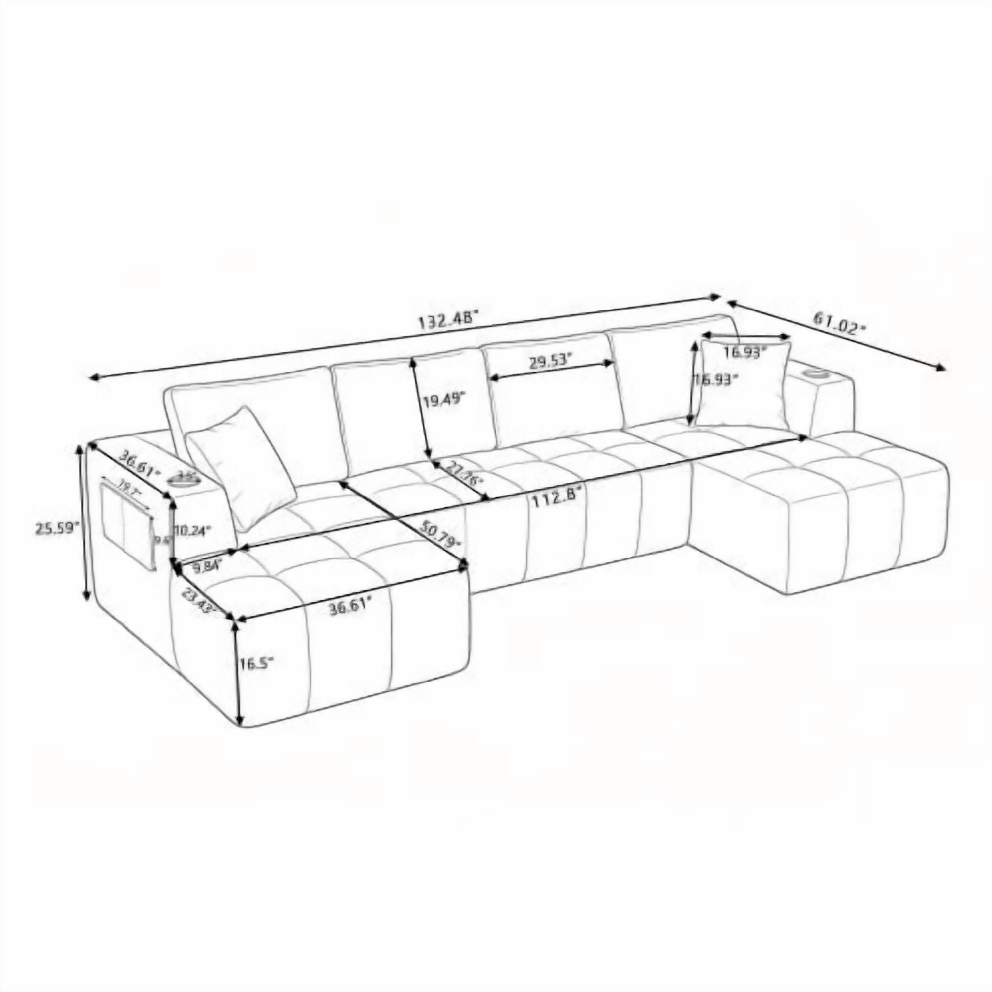 132-inch U-Shaped Chenille Sectional Sofa with Dual Chaises, Cup Holders & Side Pockets, Cloud-Style Boneless No-Assembly Compression Couch for Living Room, Black