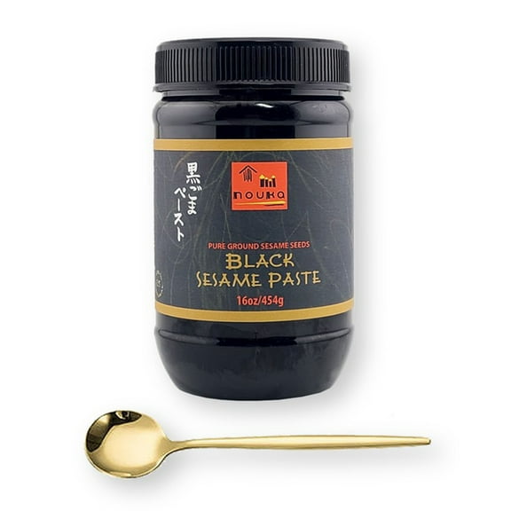 Nouka Black Sesame Paste 16 Oz. (473 ml) with Gold Stainless Steel Sauce Spoon (2-Pc Set)