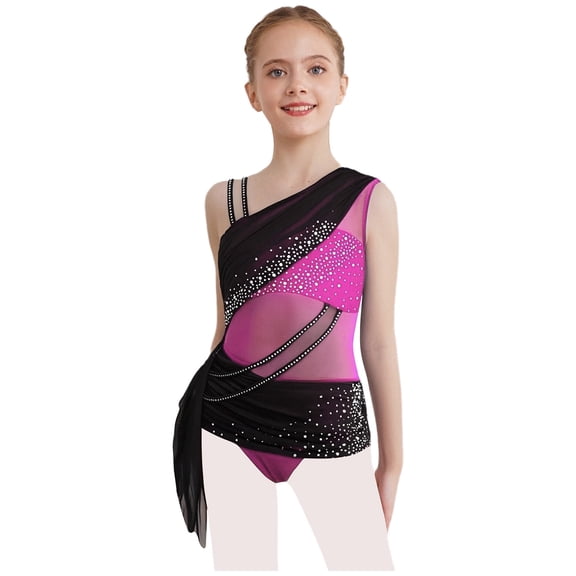 SiiRoh Kids Girls Sparkly Sleeveless Asymmetrical Gymnastics Leotard Ruched Ballet Lyrical Dance Dress Hot Pink 16