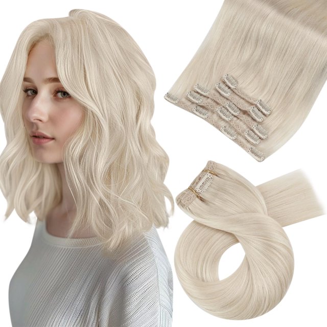 Moresoo Blonde Hair Extensions Clip ins Real Human Hair Platinum Blonde Remy Clip in Hair Extensions Blonde Double Weft Clip in Human Hair Extensions Blonde #60 5Pcs 80G 12inch