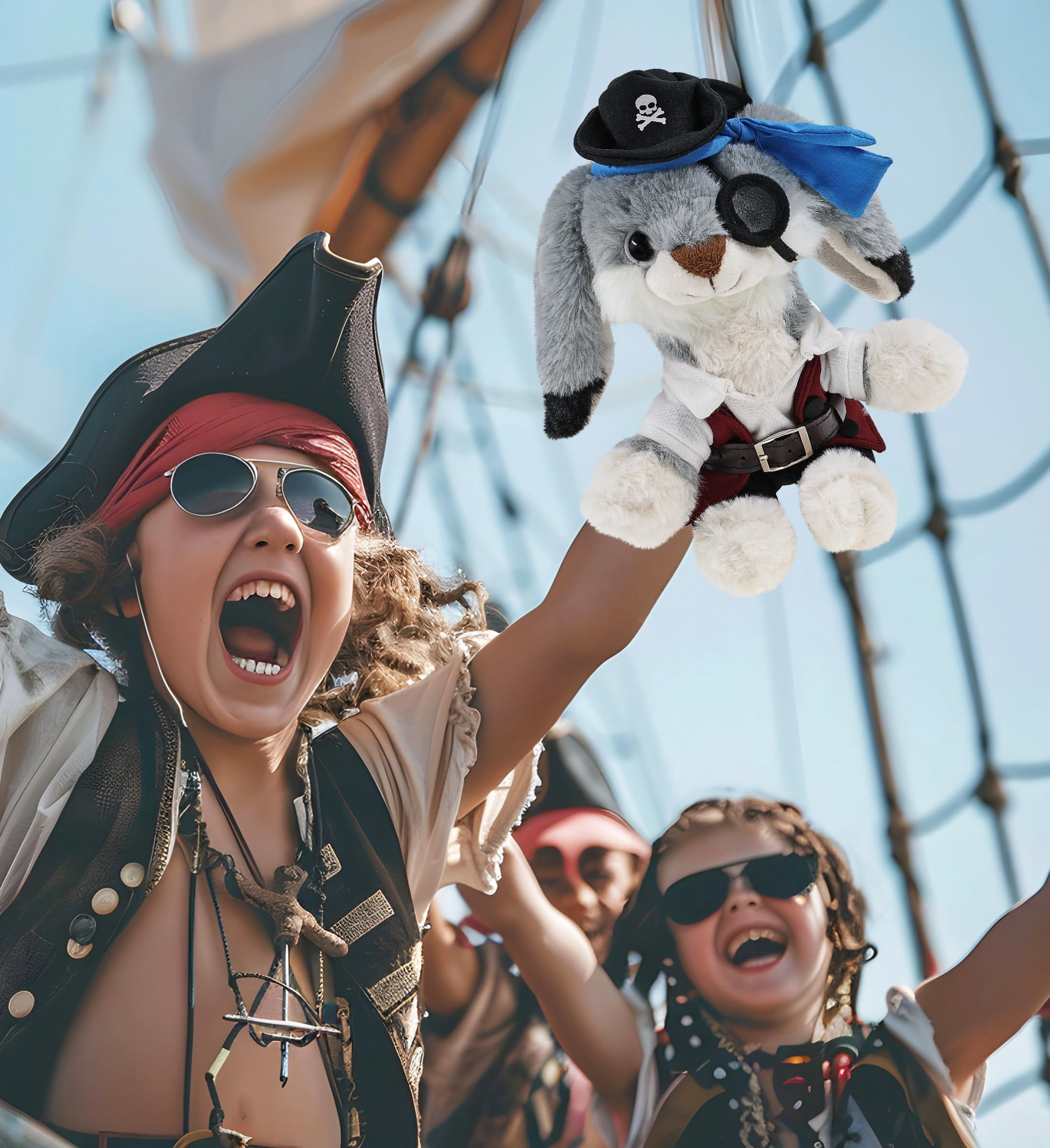 DolliBu Grey Rabbit Stuffed Animal With Pirate Dress Up Set - Sea Adventure Plush Toy Stuffed rabbit with Cute Pirate Costume - Hat, Shirt, Pants, Eye Patch, Belt - 7 Inches