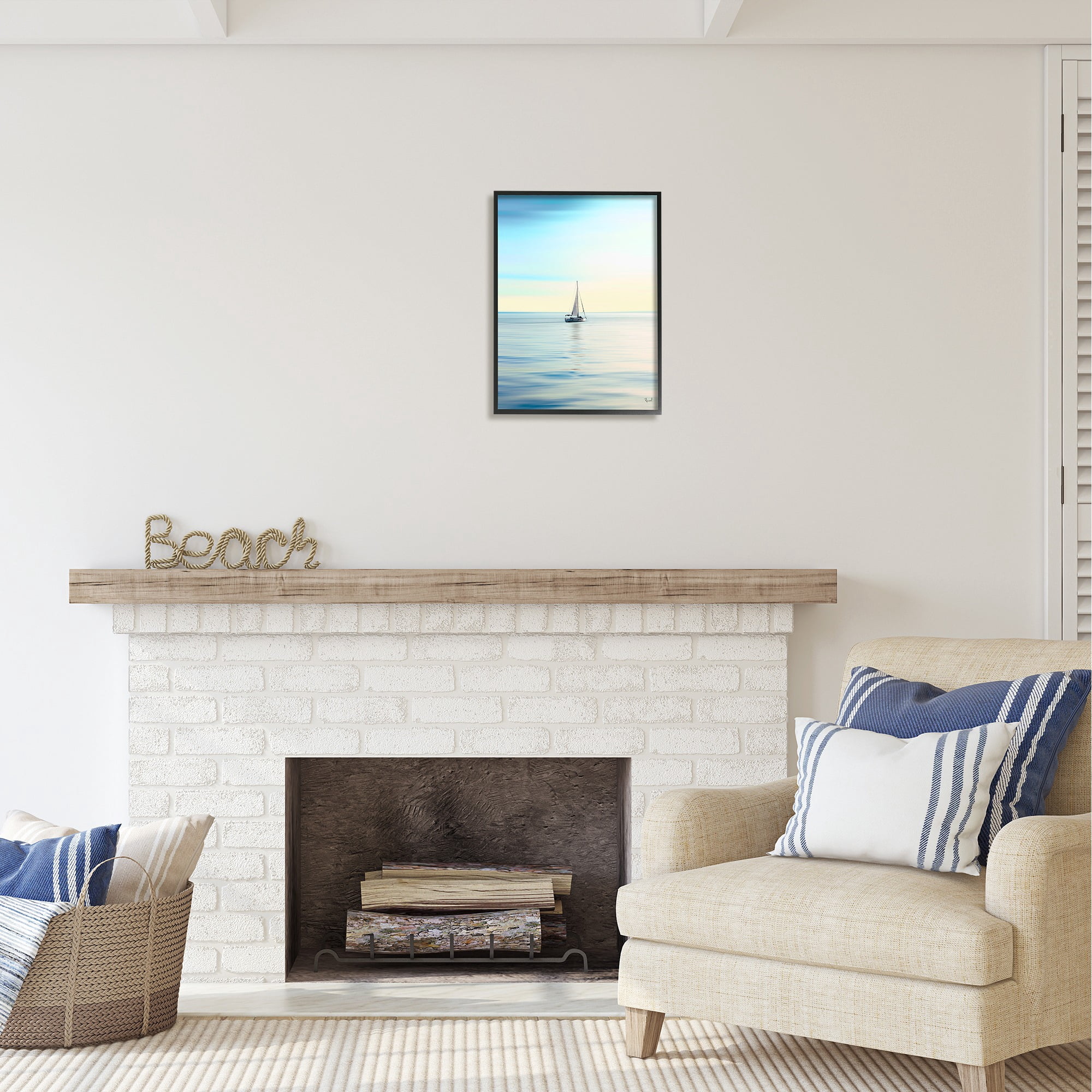 Stupell Industries Blue Sunlit Sailboat Transportation Painting Black Framed Art Print Wall Art, 16 x 20