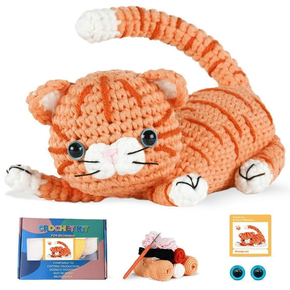 Crochet Kit for Beginners, Amigurumi Cat Crochet Starter Kit with Step-by-Step Video, DIY Knitting Supplies with Yarn, Hook & Stuffing, Crochet Animal Kit for Adults - Orange Cat