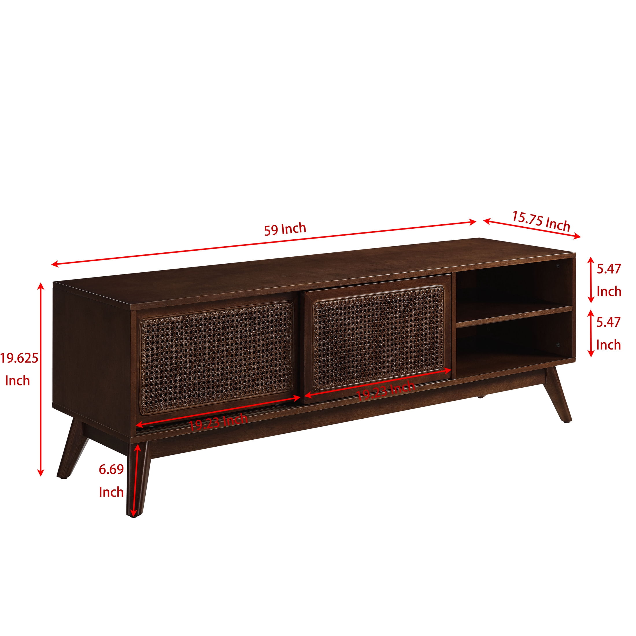 Noble House 59" Mid-Century Rattan TV Stand, Entertainment Cabinet with Sliding Doors, for Living Room, Walnut