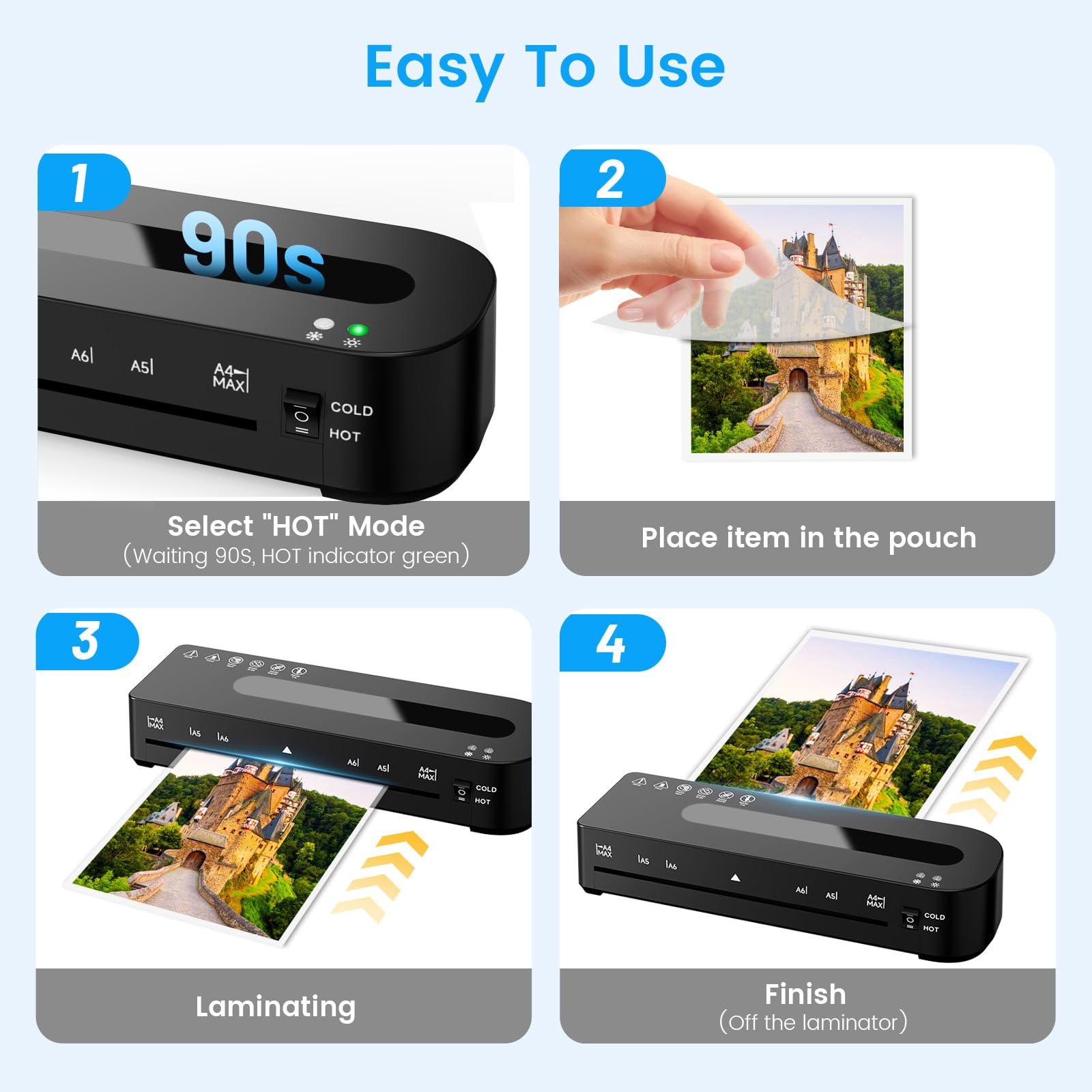 Laminator Machine, A4 Laminators Hot & Cold with 10 Laminating Sheets, 9 Inch Laminating Machine for Home, Office, School and Business
