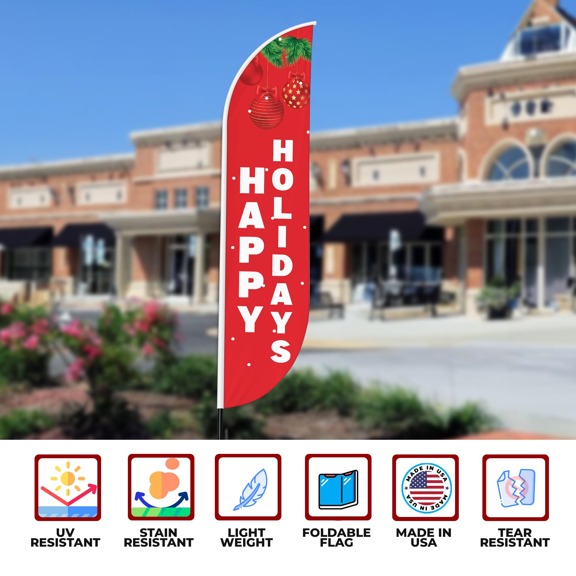 Happy Holidays Feather flag Pole Mountfor Outdoor by DreamController | 15 FEET Long Polyester Outdoor Banner Flag Pole Kit for Easy Hang | HD Print Swooper Flag Pole Stand for Happy Holidays| Made in