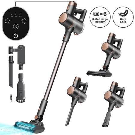 KISSAIR Cordless Vacuum Cleaner 50min 2200mah Lightweight Led Display Screen Stick Vacuum Cleaners for Home Hardwood Floor Carpet Pet Hair Grey