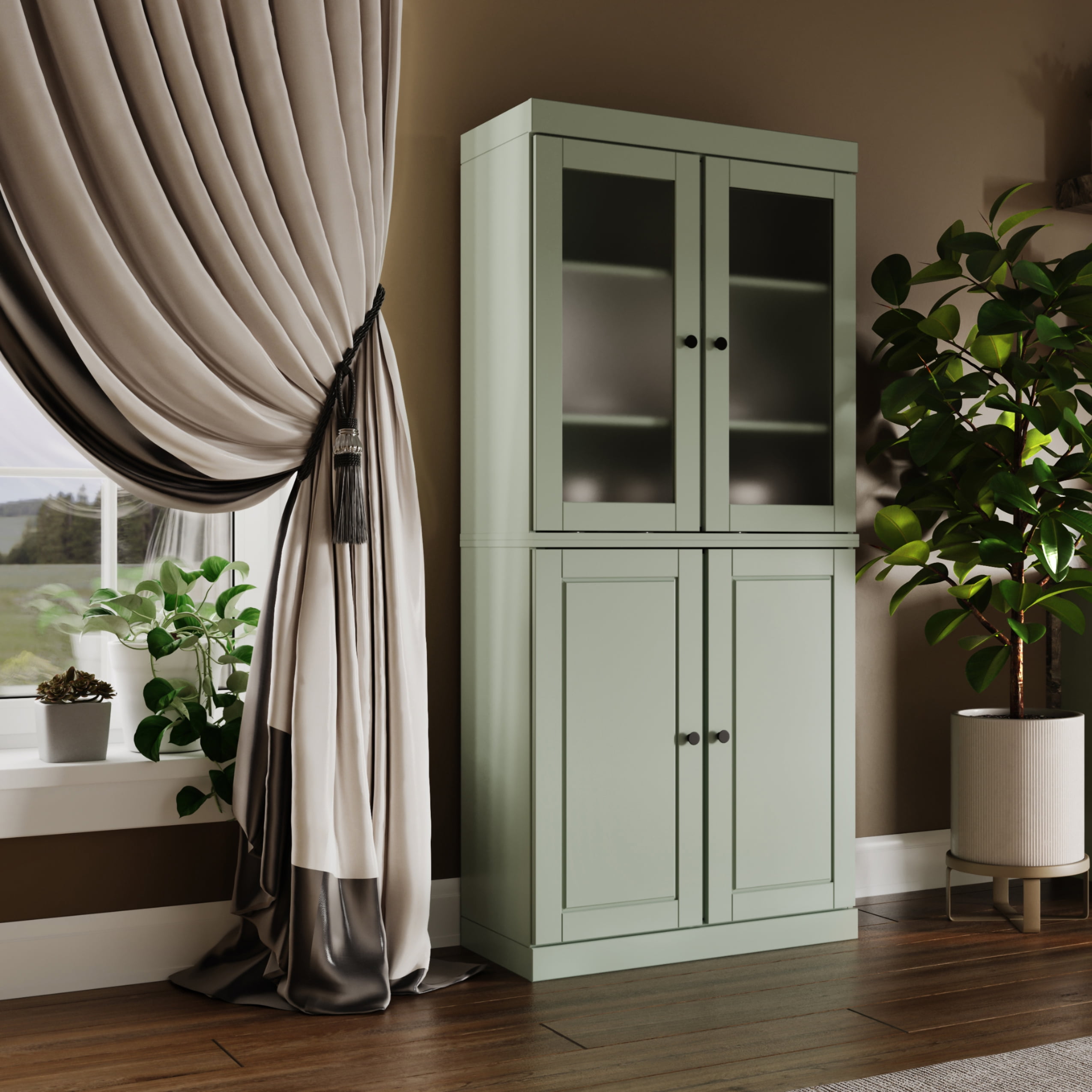 Palace Imports 100% Solid Wood 32" Pantry Cabinet with Solid, Frosted Glass Doors and Adjustable Shelves, Sage