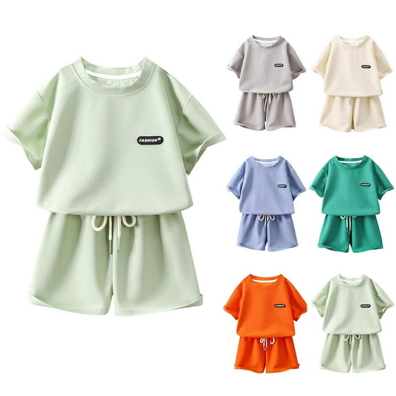 Swuxness Girls Casual Short Sleeve 2 Piece Sets , Kids Summer Outfits Sets, Summer Girl's Round Neck Short Sleeve Shorts Loose Casual Sets Beige, 2 Years