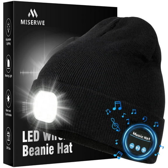 Rechargeable LED Beanie Hat with Wireless Headphones & Flashlight, Unisex Black - Unique  Birthday Gift for Men Women