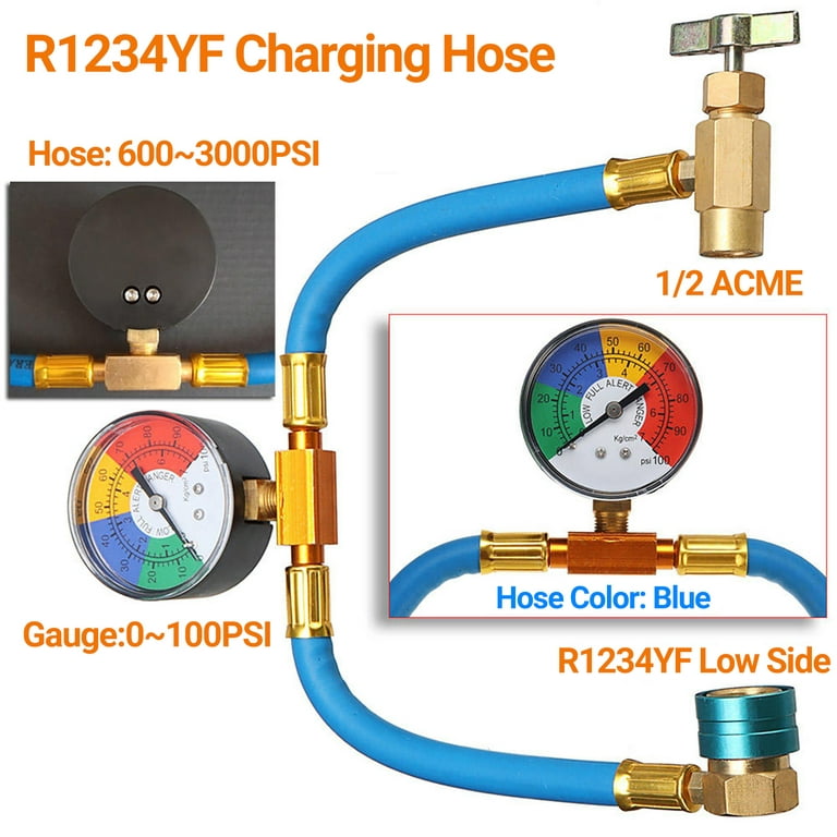 R1234YF Car AC Refrigerant Charge Hose Kit Recharge Hose with Gauge,A/C 1/2  ACME LH Recharge Measuring Kit Can Tap Air Conditioning Pressure Gauge  R1234YF 