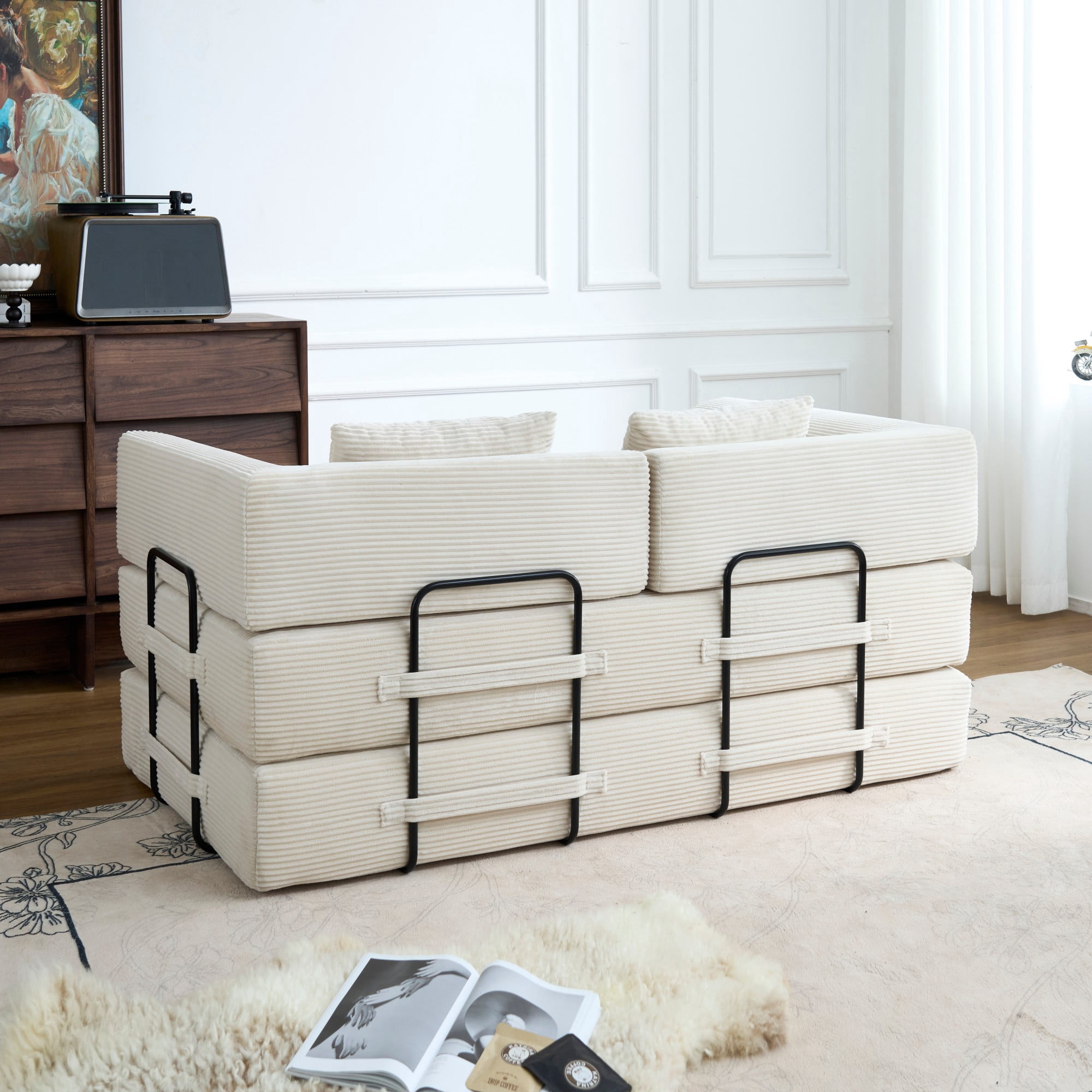 BSHTI 59" Corduroy Convertible Sleeper Sofa Bed with Cylindrical Pillow, No Assembly, Small Space for Living Room（Beige White）