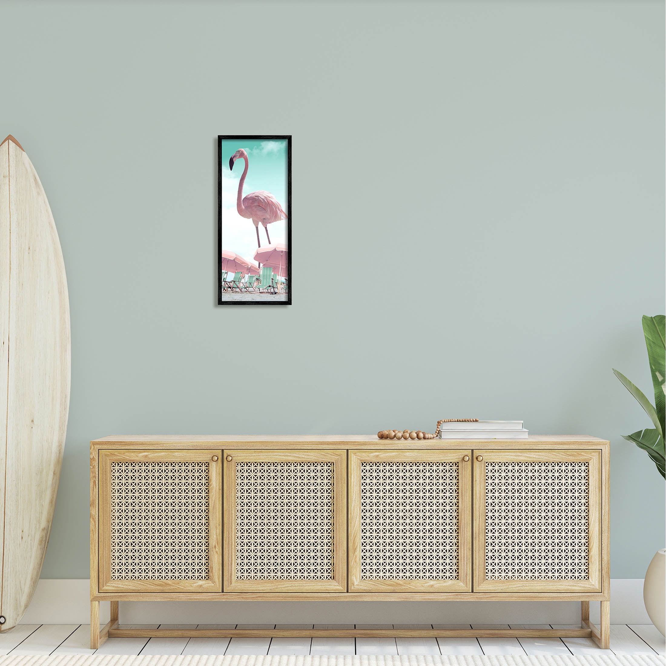 Giant Flamingo Pastel Beach Scene Animals & Insects Graphic Art Black Framed Art Print Wall Art