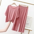 thumbnail image 1 of Pantalones anchos recortados de seda de hielo con borde de oreja, traje informal de manga corta de talla grande para mujer, ropa exterior fina de verano, ropa para el hogar, pijamas, 1 of 4
