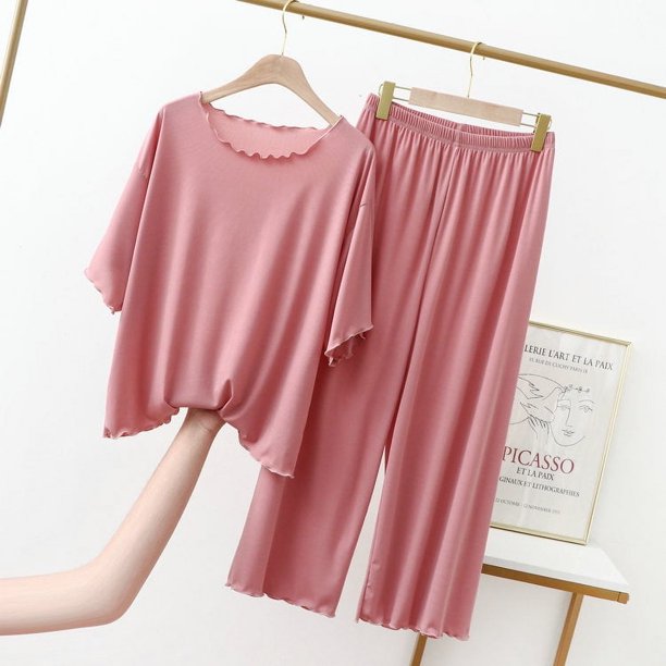 Pantalones anchos recortados de seda de hielo con borde de oreja, traje informal de manga corta de talla grande para mujer, ropa exterior fina de verano, ropa para el hogar, pijamas