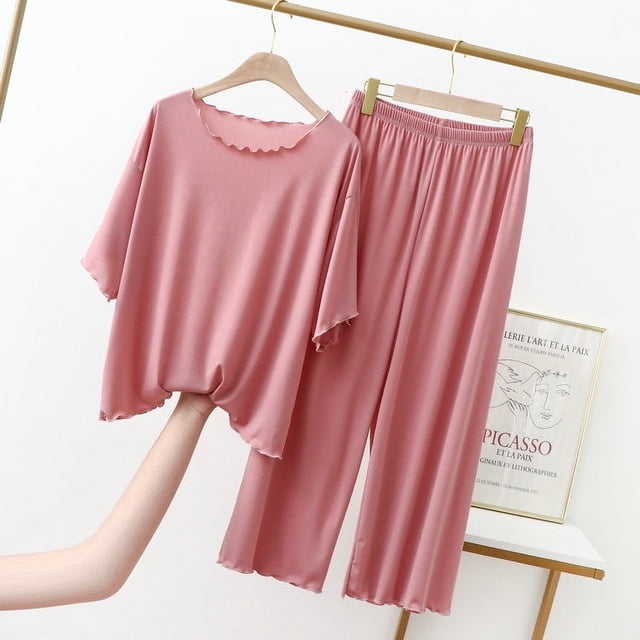 Pantalones anchos recortados de seda de hielo con borde de oreja, traje informal de manga corta de talla grande para mujer, ropa exterior fina de verano, ropa para el hogar, pijamas