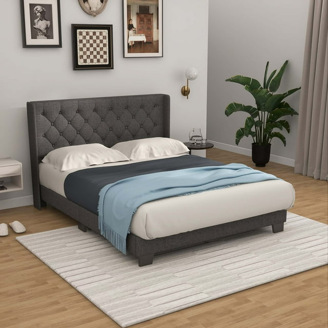 Costway Full Size Upholstered Platform Bed Tufted Headboard Mattress Foundation Grey