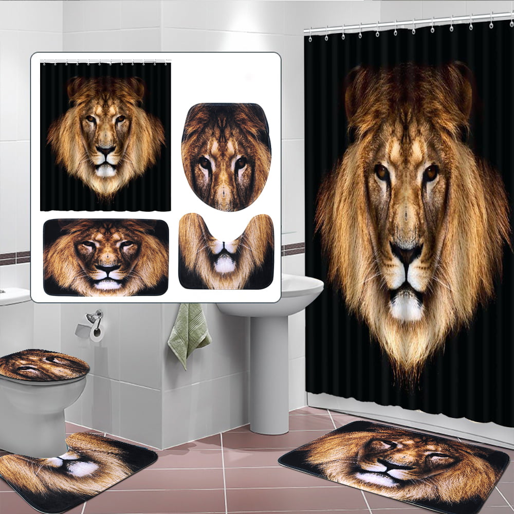 Couple Lion Family Bathroom Waterproof Shower Curtain Doormat Home Decor 