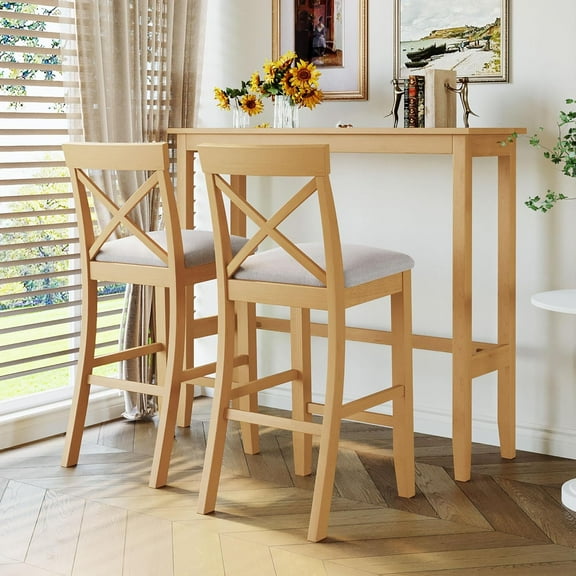 LUMISOL Farmhouse Dining Table Set for 2, 3 Piece Kitchen Table Set with 2 Upholstered Chairs, Wood Bar Height Dining Set for Small Place Dining Room, Natural Beige