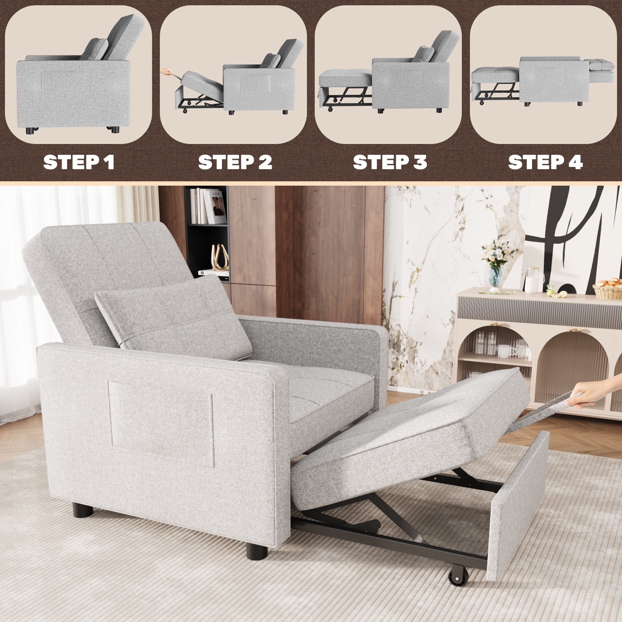 Homall Sleeper Sofa Chair Bed 3 in 1 Convertible Bed Chair Adjustable Sleeper Chair Pullout Sofa Bed,Grey