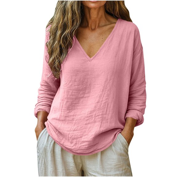 Shirts for Women Linen Casual Cotton Spring Tops 2026 V Neck Summer Long Sleeve Shirt Vacation Casual