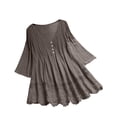 thumbnail image 2 of TIANEK V Neck Womens Shirts Casual Brown Fall Long Sleeve Cotton Linen Womens Plus Size Tops 2023 Fashion Solid Pullover Casual Versatile Loose Fit Daily Blouses, 2 of 4