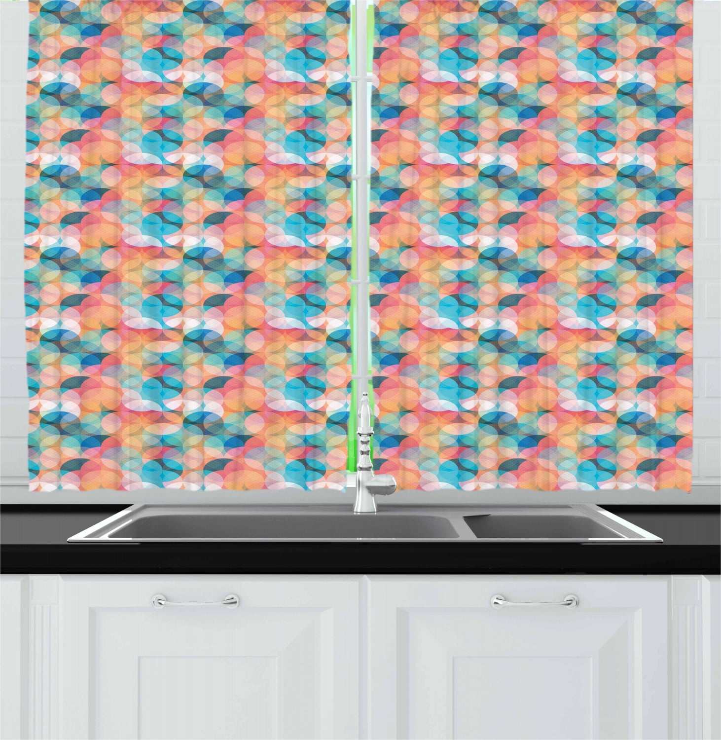 Colorful Curtains 2 Panels Set, Bohemian Artistic Graphic Colored Print with Circles Intersecting in Regular Order, Window Drapes for Living Room Bedroom, 55W X 39L Inches, Multicolor, by Ambesonne