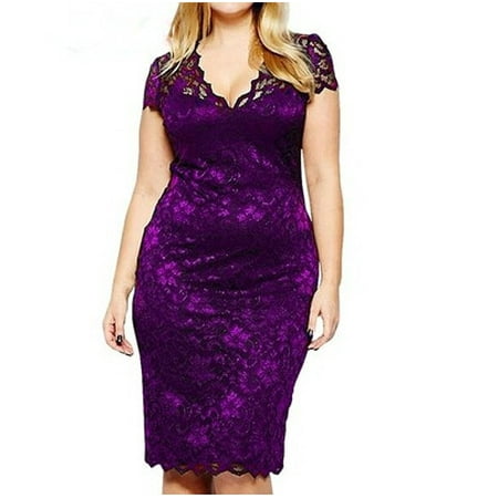 Patchwork Hippie Clothes - S-5XL Plus Size Women's Lace Patchwork V-neck Short Sleeved Slim Bandage Dress