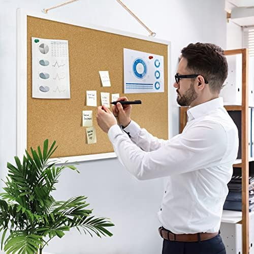 Quivanta Cork Board Bulletin Board 23 x 15.7 Inches with Rectangle White Frame Hanging Pin for Walls Office Message Board or Vision Board Decoration