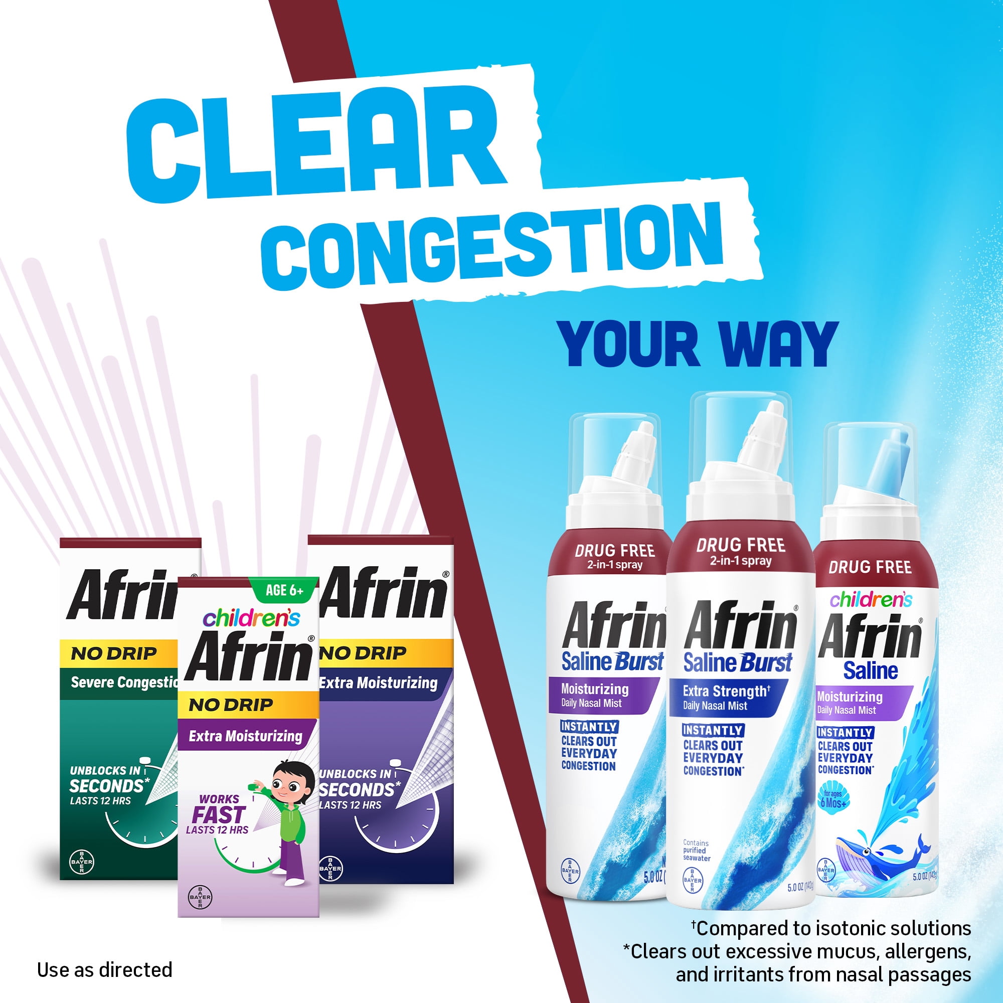Afrin Saline Burst Extra Strength Daily Nasal Mist, Nose Spray for Everyday Congestion Relief, Hypertonic Seawater Saline Nasal Spray with Dual Nozzle, Drug Free Sinus Rinse, 5 oz