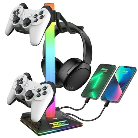 TSV RGB Controller Headset Stand, Universal Gaming Headphones Holder Stand, Desk Headset Hanger Rack with Touch Control, 10 Light Modes, 2 USB Ports for Gamer Desktop PC Game Earphone Accessories