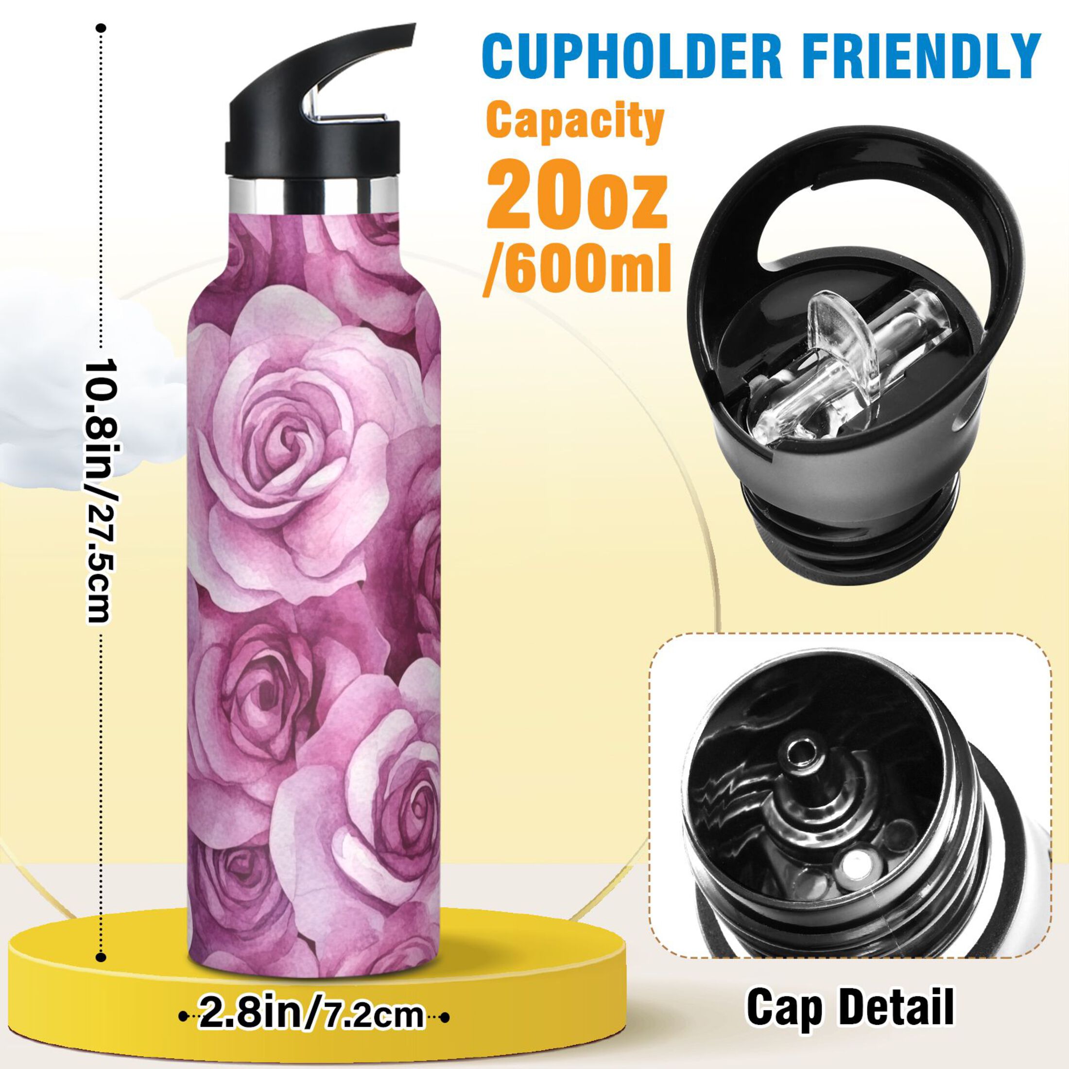 600ML Stainless Steel Insulated Cup Sports Water Bottle Portable Thermos Cup Water Glasses Insulated Tumblers Convenient and Durable Charming Beige Roses