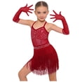thumbnail image 2 of Choomomo Girls Sequin Fringed Dresses Tassel Skirted Leotard Latin Dance Outfits with Gloves Party Bodysuit Burgundy 12, 2 of 7