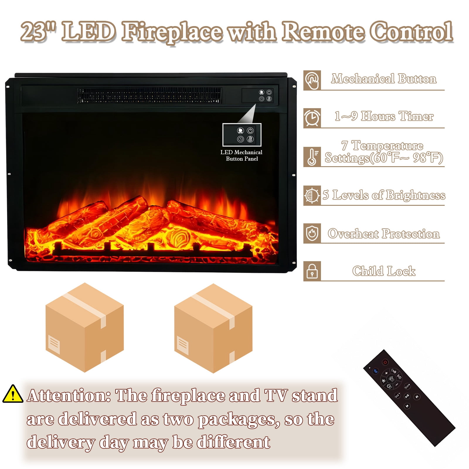 HLR Modern Fireplace TV Stand for TV up to 65'', Entertainment Center with Storage for Living Room, Brown