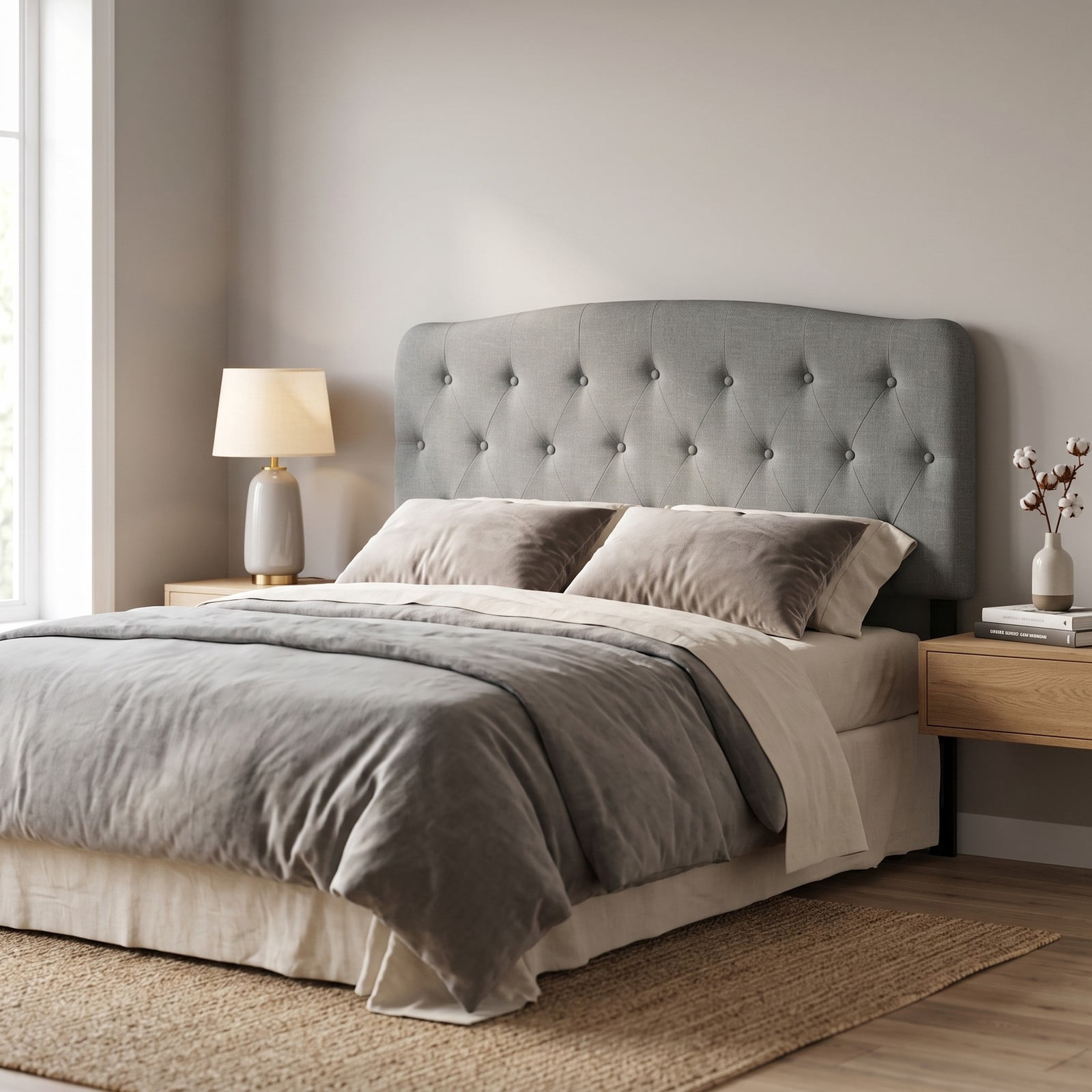 Furnibear Faux Linen Upholstered Full Size Headboard with Diamond Button Tufting and 2 Adjustable Heights for Bedroom and Guest Room, Light Gray