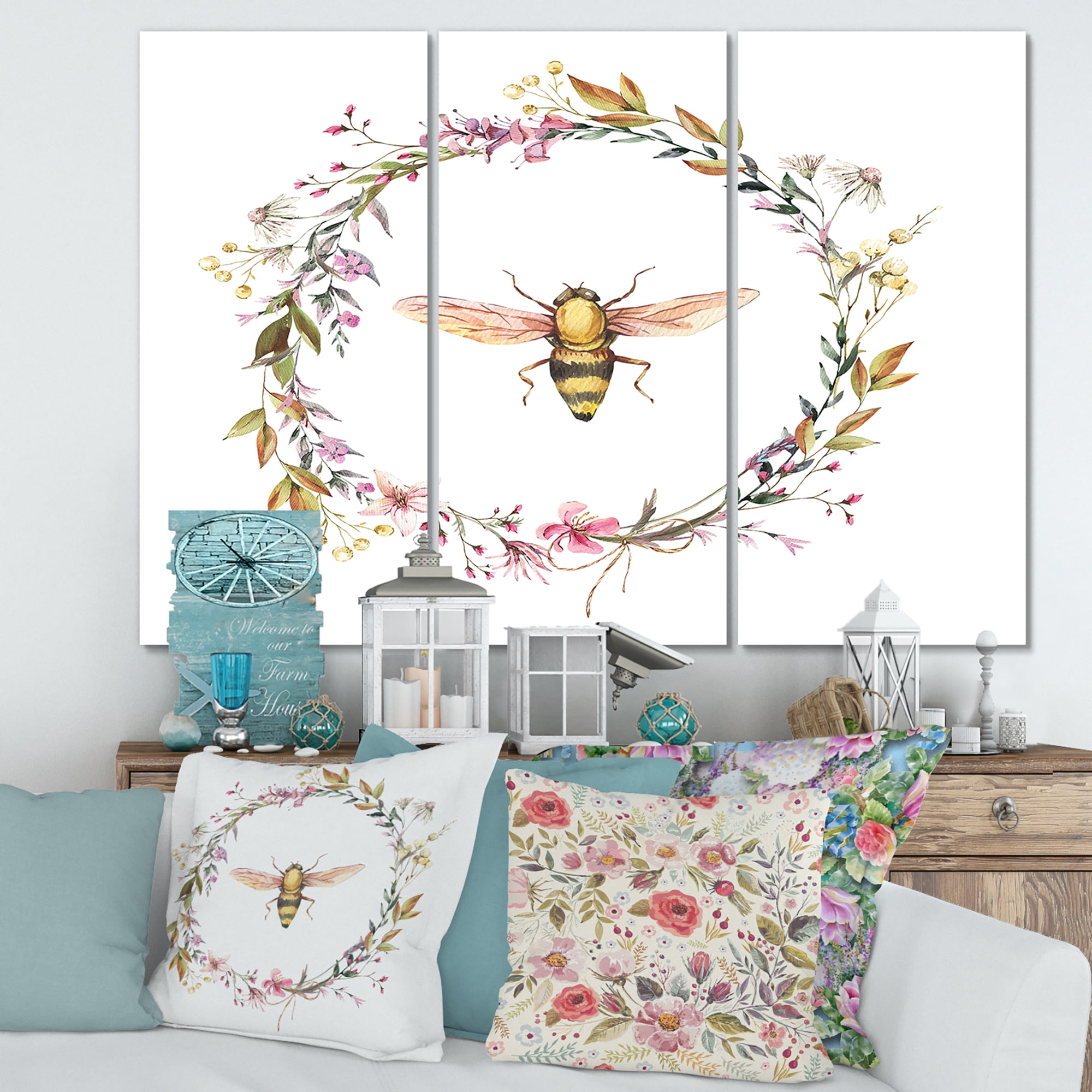 Designart ' Wildflowers Wreath and A Bee ' Farmhouse Canvas Wall Art Print