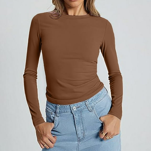 YOZGXEG Long Sleeve Shirts For Women Women Outdoor Long Sleeve Round Neck Slim Polyester Spandex Basic Sports Layering Top Brown Xs-Xl