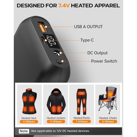 JUNCHI-Heated Vest Battery Pack 7.4V 16000mAh Compatible with ORORO and Venustas, Battery Pack for Heated Vest, LED Rechargeable Power Bank for TODWARM, for Vestego, for Weamest