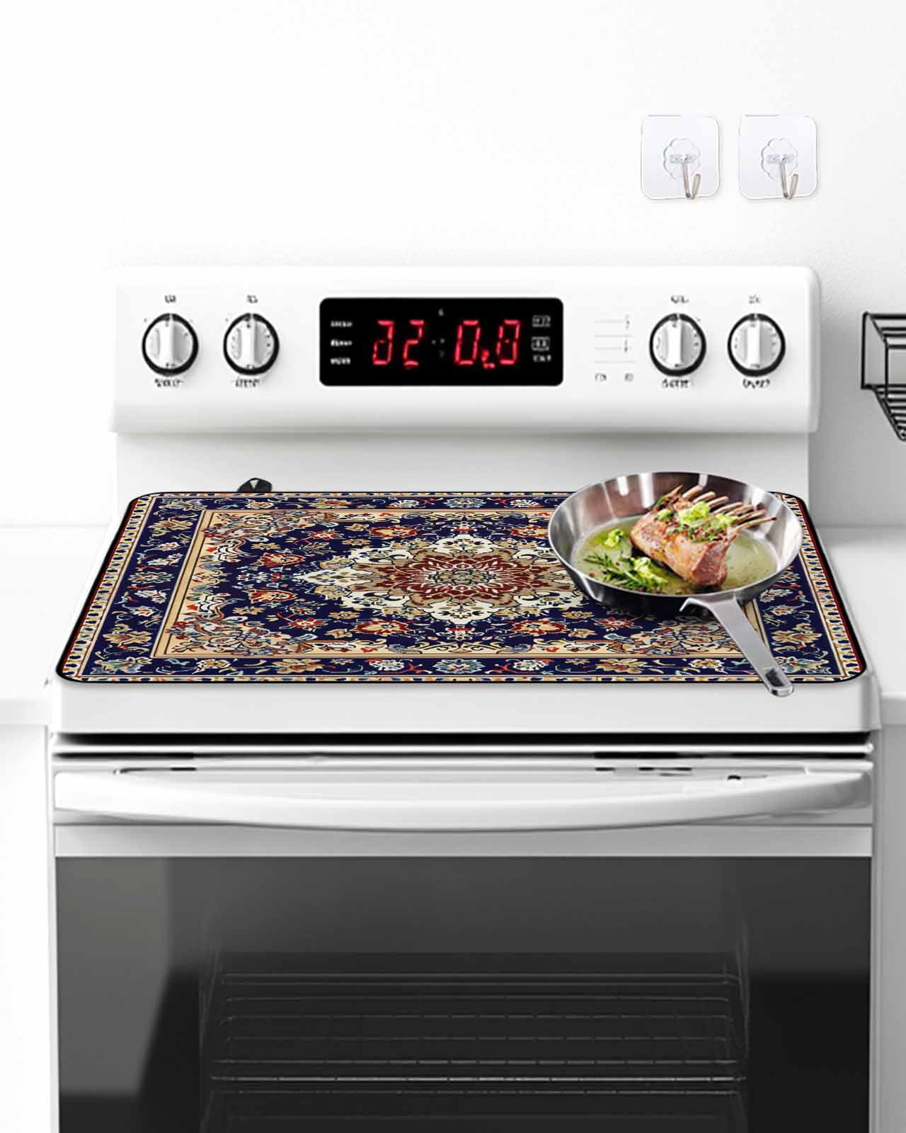 Stove Top Covers for Electric Stove, Navy Blue Boho Glass Stovetop Cover Protector, Contemporary Abstract Ethnic Vintage Geometric Induction Cooktop Protector Oven Mat for Kitchen Countertop 24"x21"