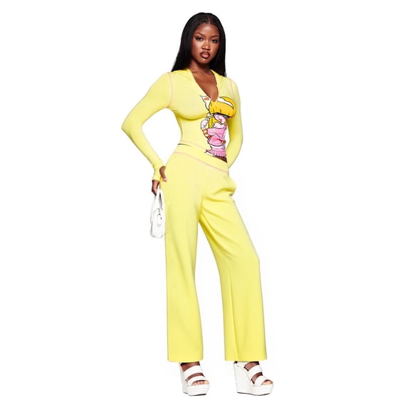 Women's Slim-Fit Hooded 2-Piece Tracksuit - Low-Waisted Flare Pants Zip-Front Cartoon Print Stretchy Knit Casual Set