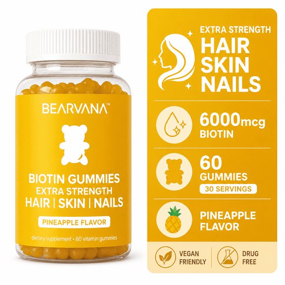 BEARVANA Biotin Gummies Pineapple Flavor Extra Strength Hair Skin and Nails Support Gluten-Free 60 Count