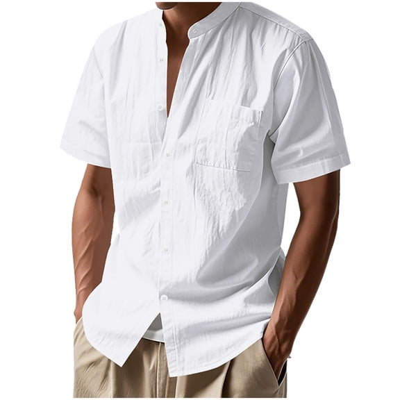 MELDVDIB Mens Linen Shirts Collarless Short Sleeve Button Down Lightweight Dress Shirtss with Pockets Beach Summer Shirt Holiday Tops