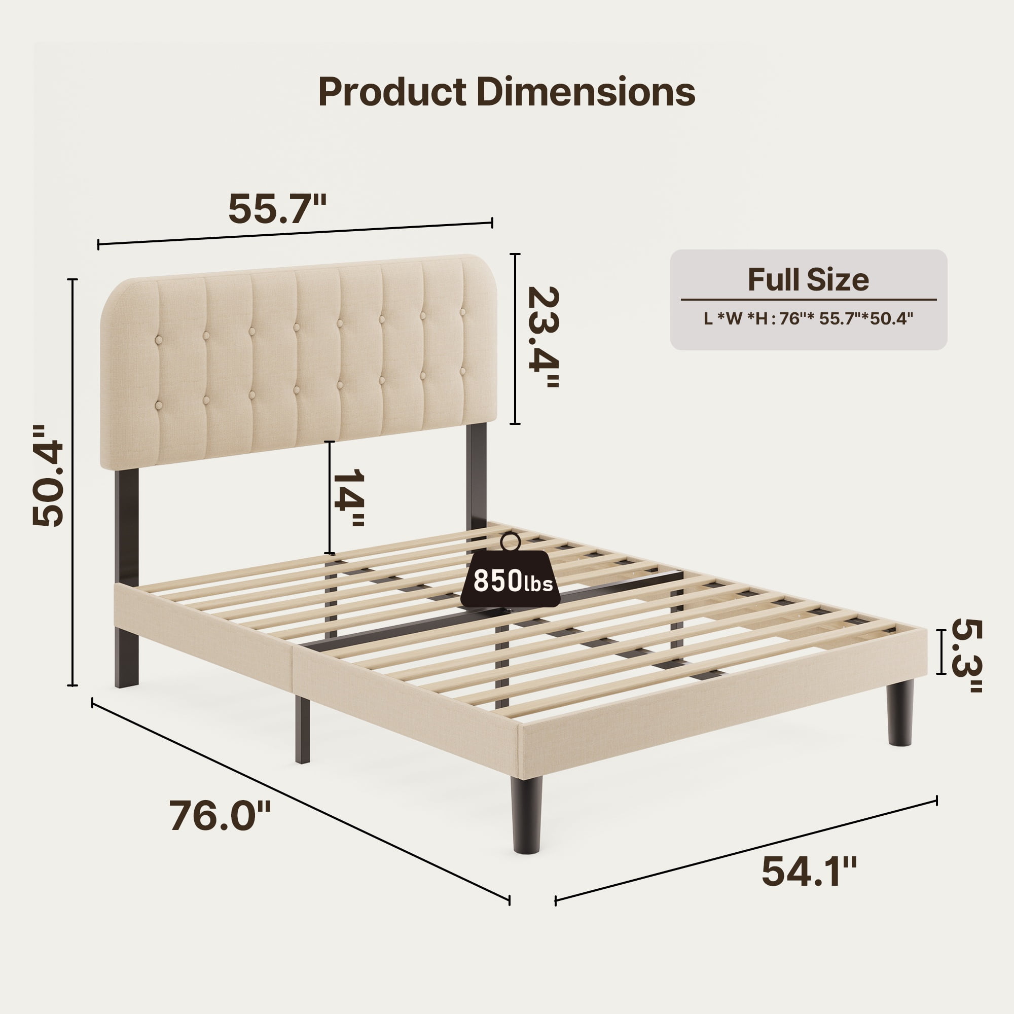 Full Size Bed Frame, Lofka Full Platform Bed Frame with Upholstered Headboard with Velcro Design for Easy Assembly, 850lbs, Beige