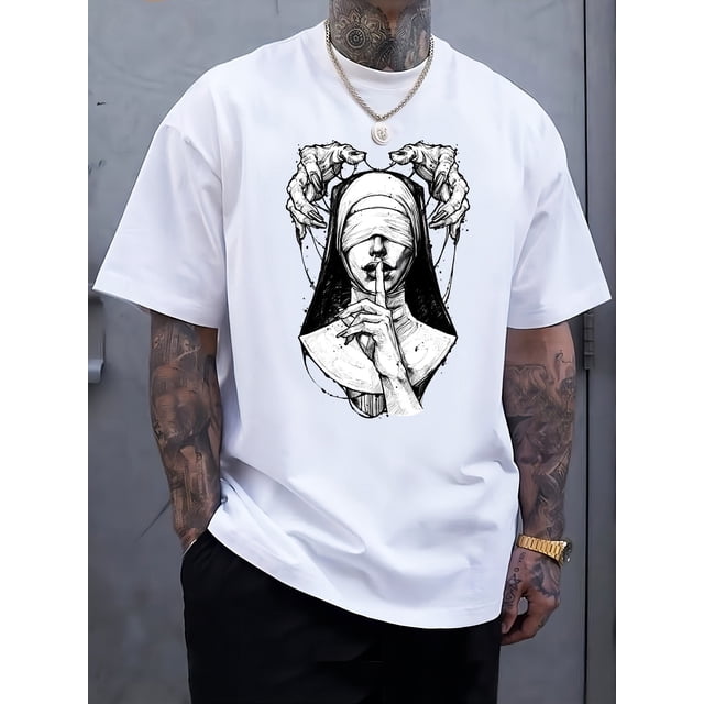 Men's Mysterious Nun Print T-Shirt - Casual, Breathable Cotton, Crew Neck, Short Sleeve Tee for All Seasons, Casual Sporty Tee, Comfy Tee