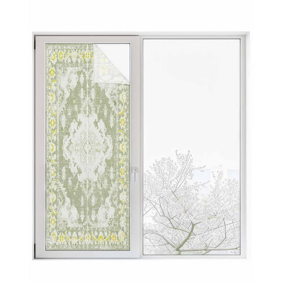 Window Privacy Film, Sage Green Boho UV Sun Blocking Window Tint Film Heat Control One Way Blackout Window Film, Oriental Southwestern Tribal Geometric Non Adhesive Static Cling Sticker 29.5x78.7 In
