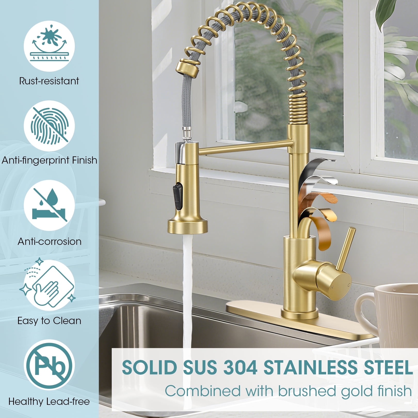 Wowkk Sanitary Ware 304 Stainless Steel Kitchen Faucet with Pull Out Sprayer, 2 Water Modes Single Handle Kitchen Sink Faucets with Deck Plate for Laundry Bar Patio Sink, Brushed Gold