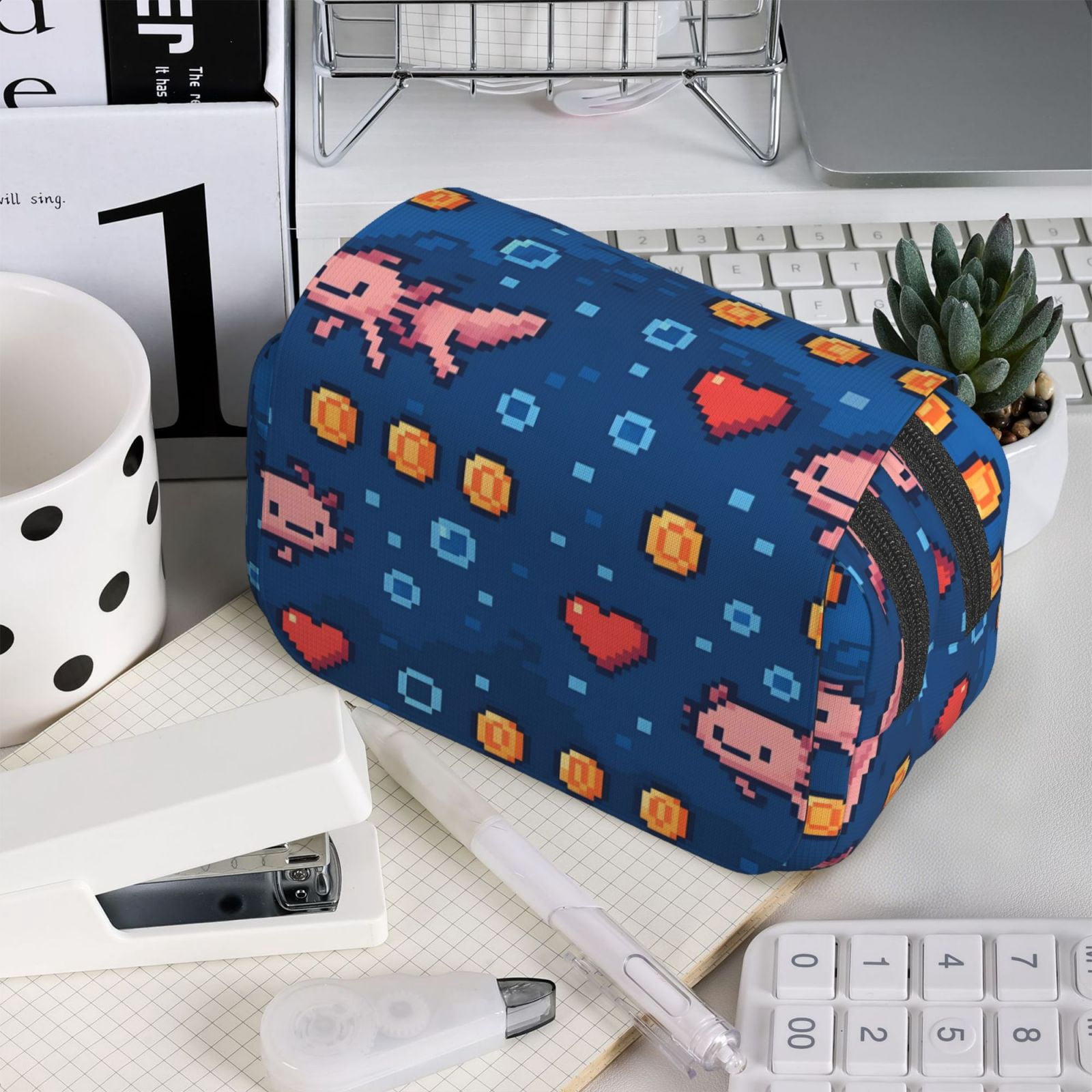 Large-Capacity Flip-Top Double-Layer Pencil Case, Multi-Functional Pocket Pen Case, Durable Stationery Organizer Retro Pixel Axolotls - 8-Bit Nostalgia