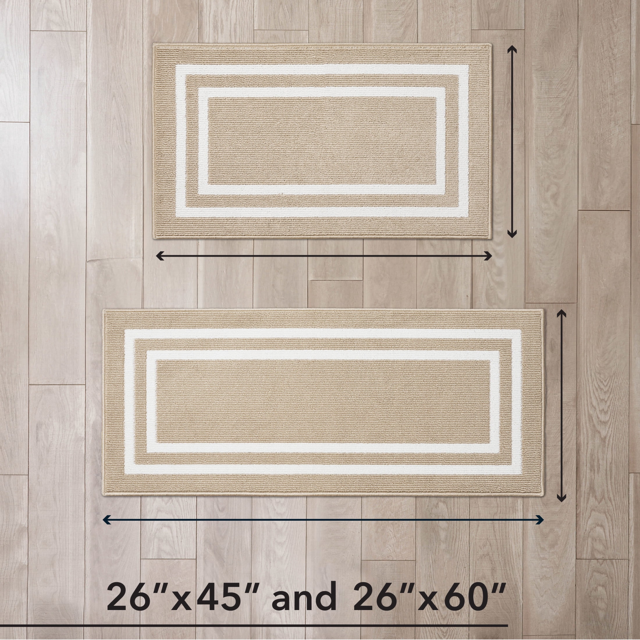 Washable Skid-Resistant Runner Rug, Border, Beige and White, 26" x 45" and 26" x 60" 2-Piece Set
