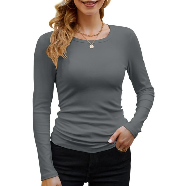Womens Ribbed Long Sleeve Crewneck Casual Slim Basic Shirts Fitted Knit Tops Dark Gray M